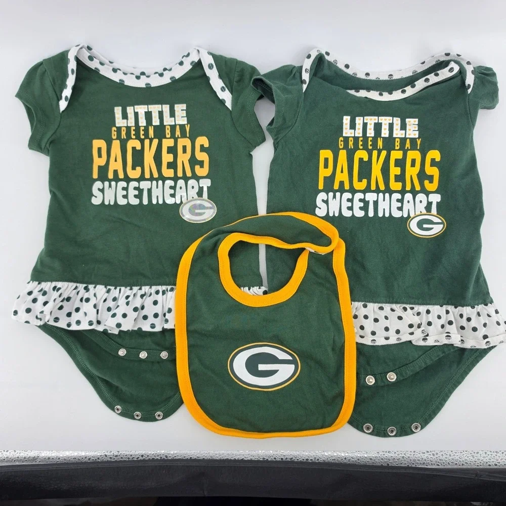 NFL Green Bay Packers Baby Girl 3 Piece Ruffle Bodysuit Bib Set 18M Sweetheart